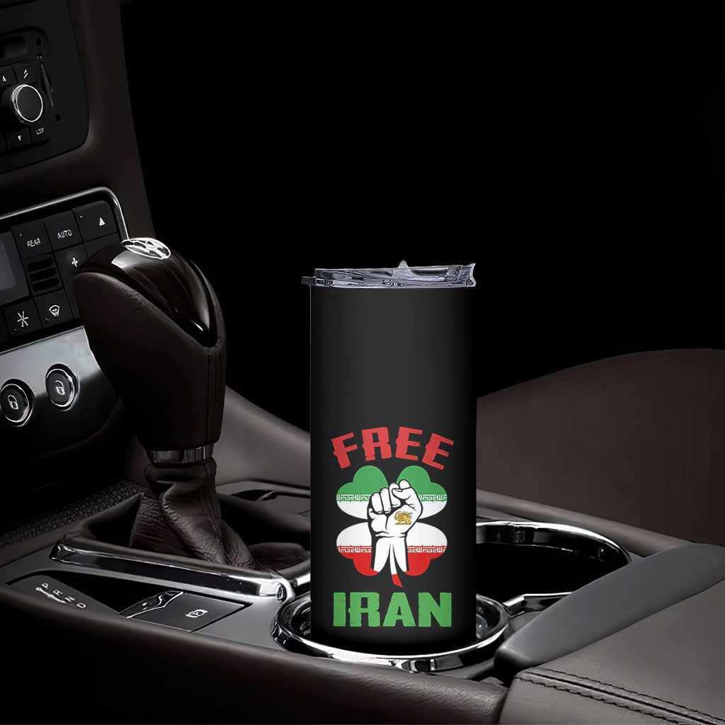 Free Iran Raised Fist and Persian Flag Clover Skinny Tumbler Lion and Sun Freedom Fighter Iranian Revolution
