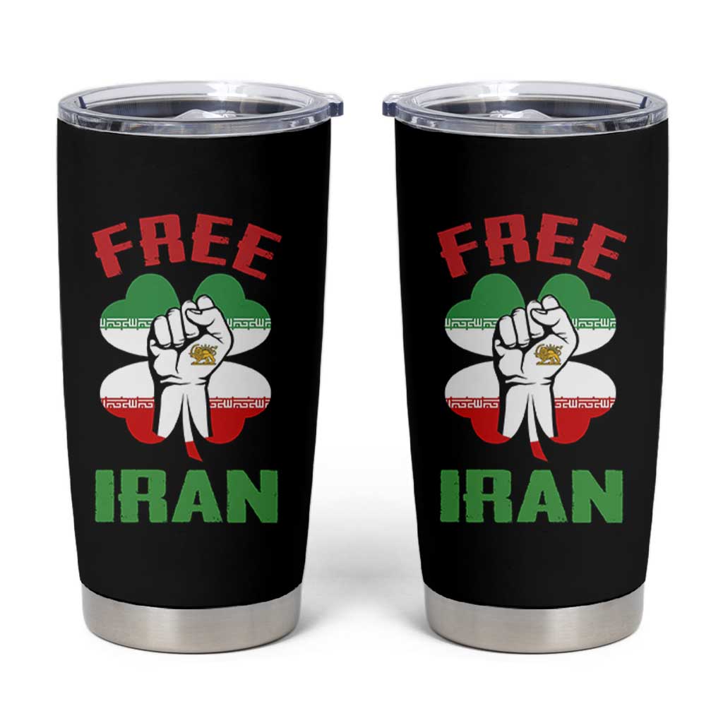 Free Iran Raised Fist and Persian Flag Clover Tumbler Cup Lion and Sun Freedom Fighter Iranian Revolution