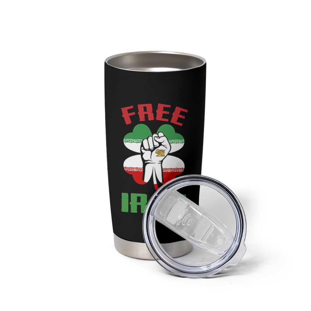 Free Iran Raised Fist and Persian Flag Clover Tumbler Cup Lion and Sun Freedom Fighter Iranian Revolution
