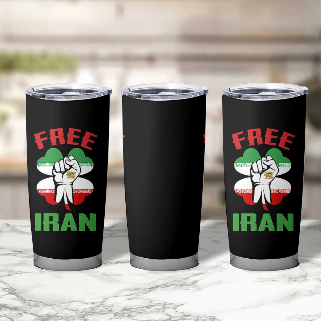Free Iran Raised Fist and Persian Flag Clover Tumbler Cup Lion and Sun Freedom Fighter Iranian Revolution