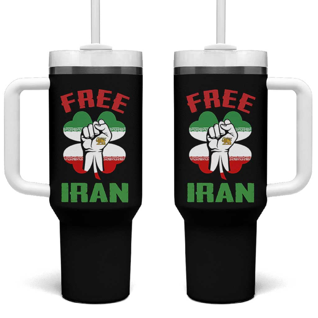 Free Iran Raised Fist and Persian Flag Clover Tumbler With Handle Lion and Sun Freedom Fighter Iranian Revolution