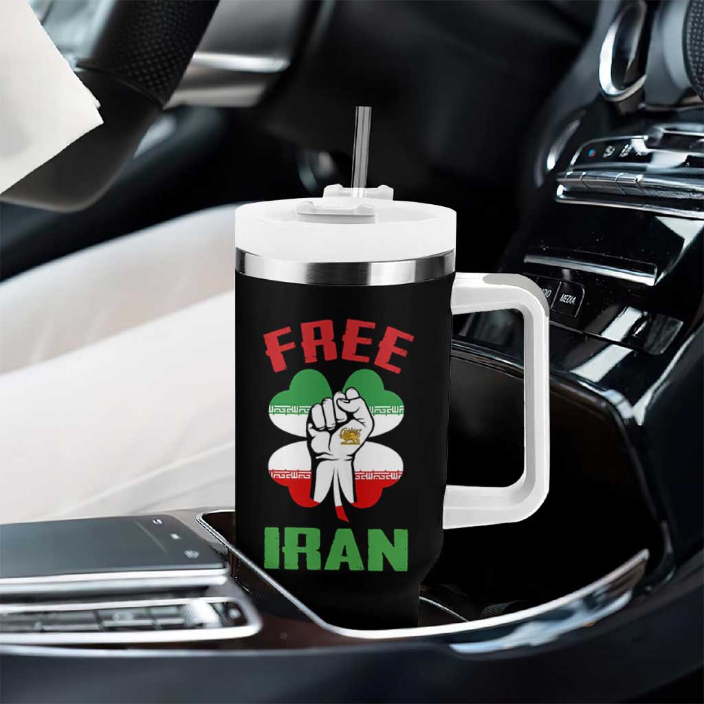 Free Iran Raised Fist and Persian Flag Clover Tumbler With Handle Lion and Sun Freedom Fighter Iranian Revolution