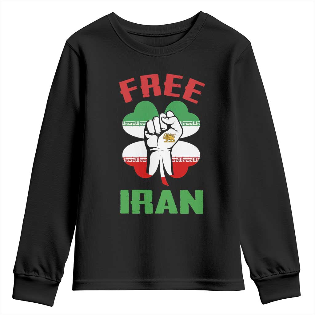 Free Iran Raised Fist and Persian Flag Clover Youth Sweatshirt Lion and Sun Freedom Fighter Iranian Revolution