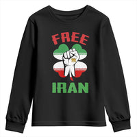 Free Iran Raised Fist and Persian Flag Clover Youth Sweatshirt Lion and Sun Freedom Fighter Iranian Revolution