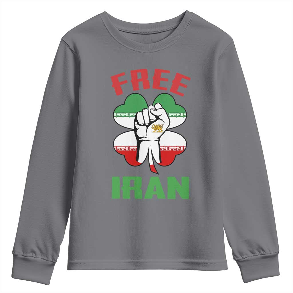 Free Iran Raised Fist and Persian Flag Clover Youth Sweatshirt Lion and Sun Freedom Fighter Iranian Revolution