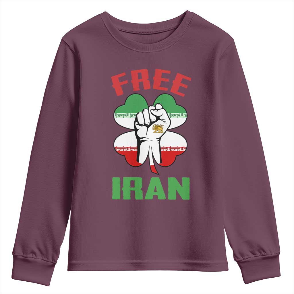 Free Iran Raised Fist and Persian Flag Clover Youth Sweatshirt Lion and Sun Freedom Fighter Iranian Revolution