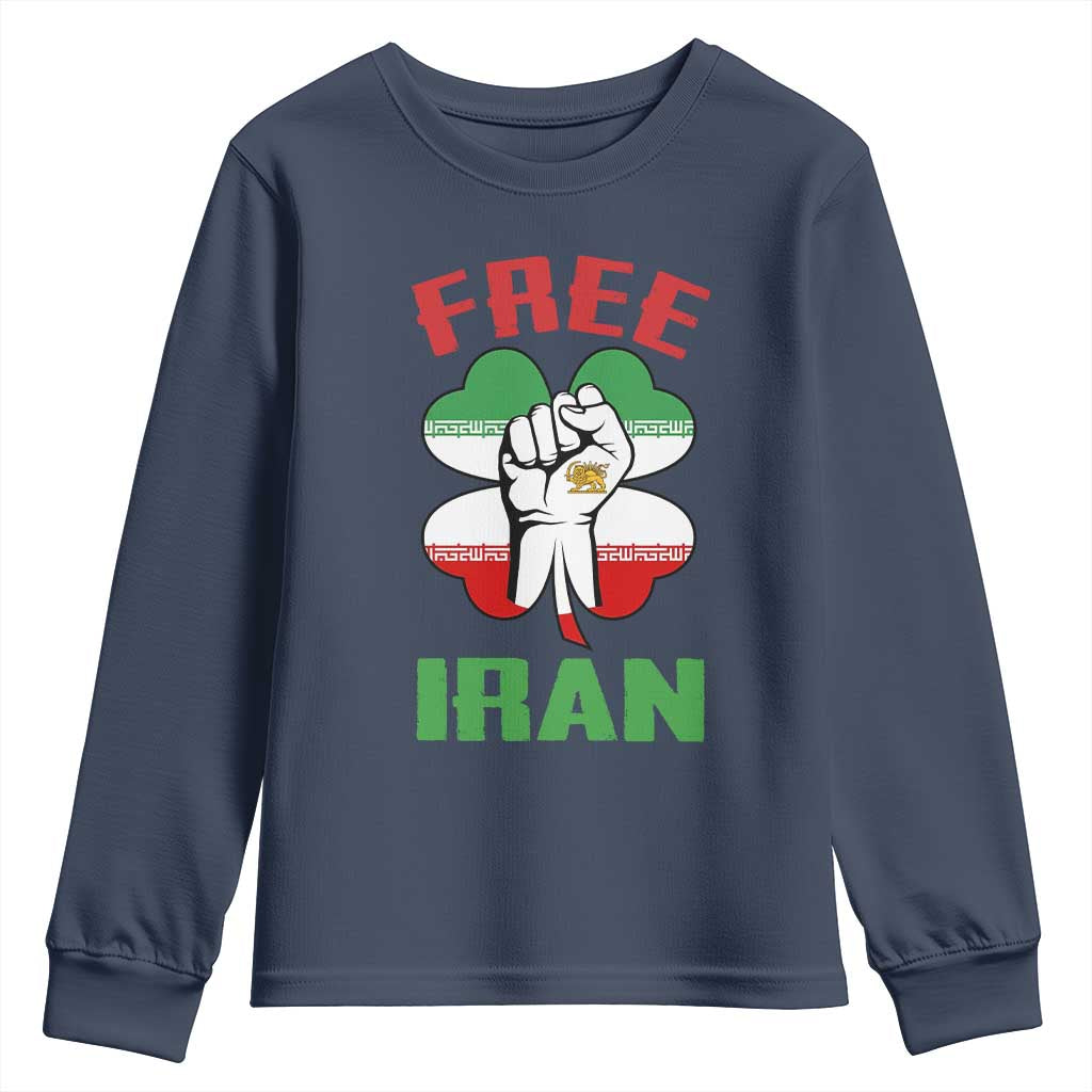 Free Iran Raised Fist and Persian Flag Clover Youth Sweatshirt Lion and Sun Freedom Fighter Iranian Revolution