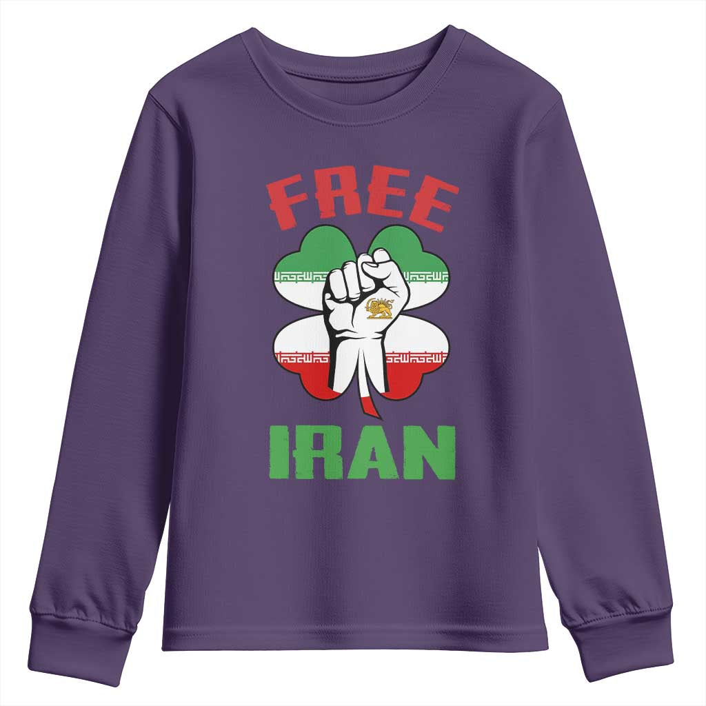 Free Iran Raised Fist and Persian Flag Clover Youth Sweatshirt Lion and Sun Freedom Fighter Iranian Revolution