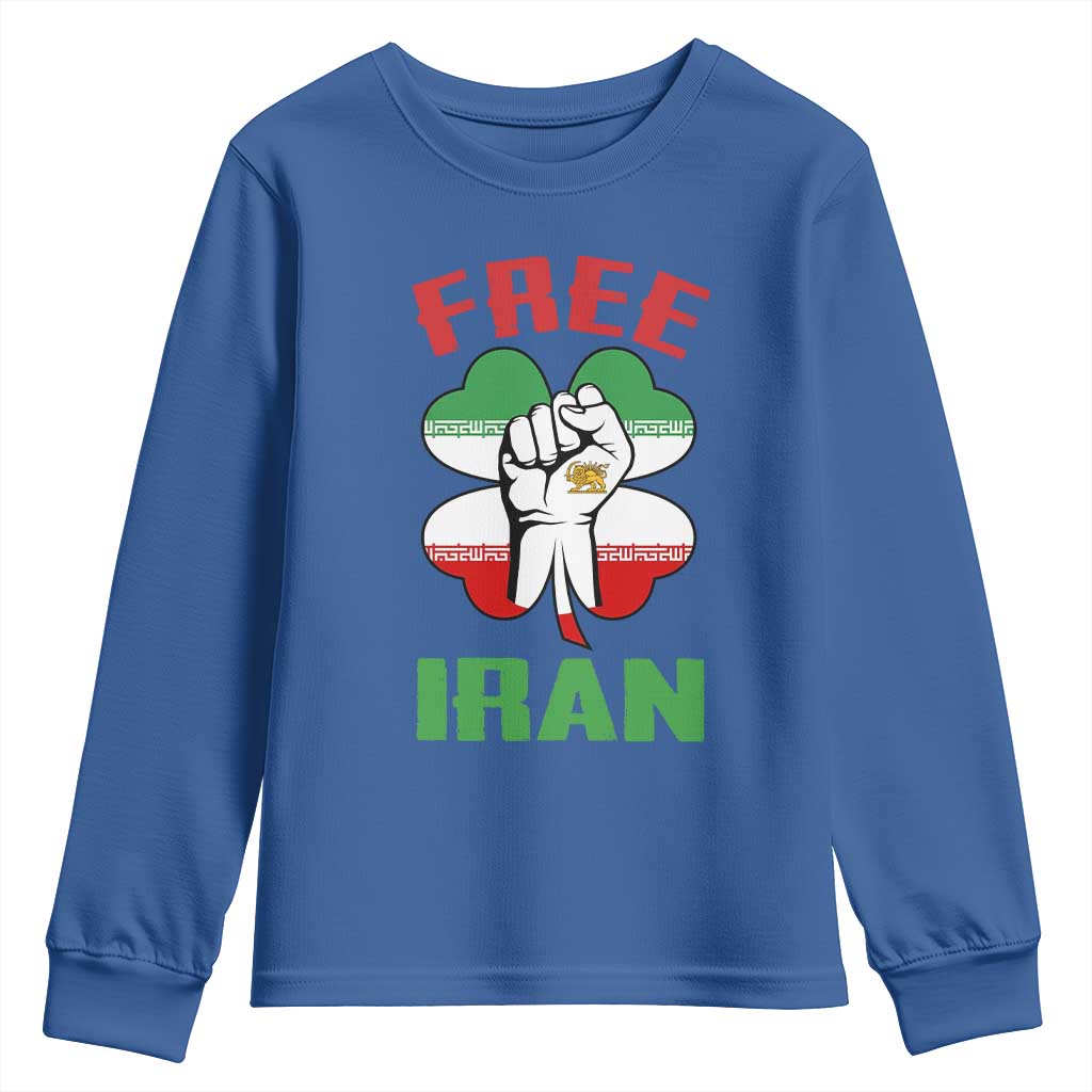 Free Iran Raised Fist and Persian Flag Clover Youth Sweatshirt Lion and Sun Freedom Fighter Iranian Revolution