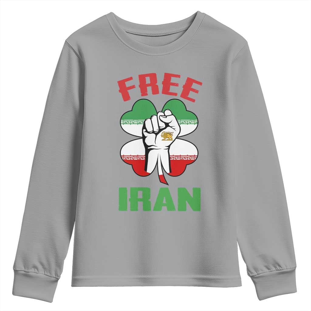 Free Iran Raised Fist and Persian Flag Clover Youth Sweatshirt Lion and Sun Freedom Fighter Iranian Revolution