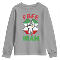 Free Iran Raised Fist and Persian Flag Clover Youth Sweatshirt Lion and Sun Freedom Fighter Iranian Revolution