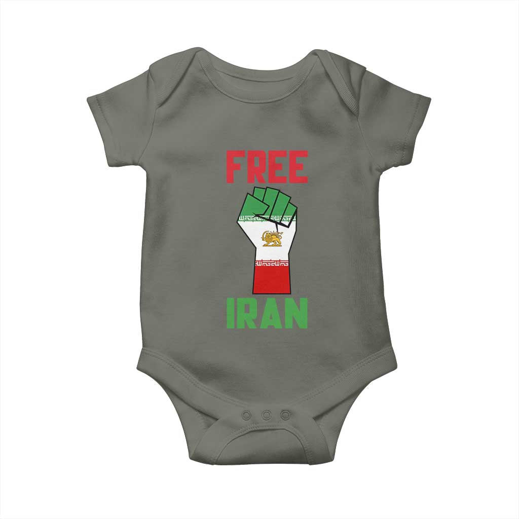 Free Iran Raised Fist Baby Onesie Persian Flag Lion and Sun Emblem Iranian Revolution