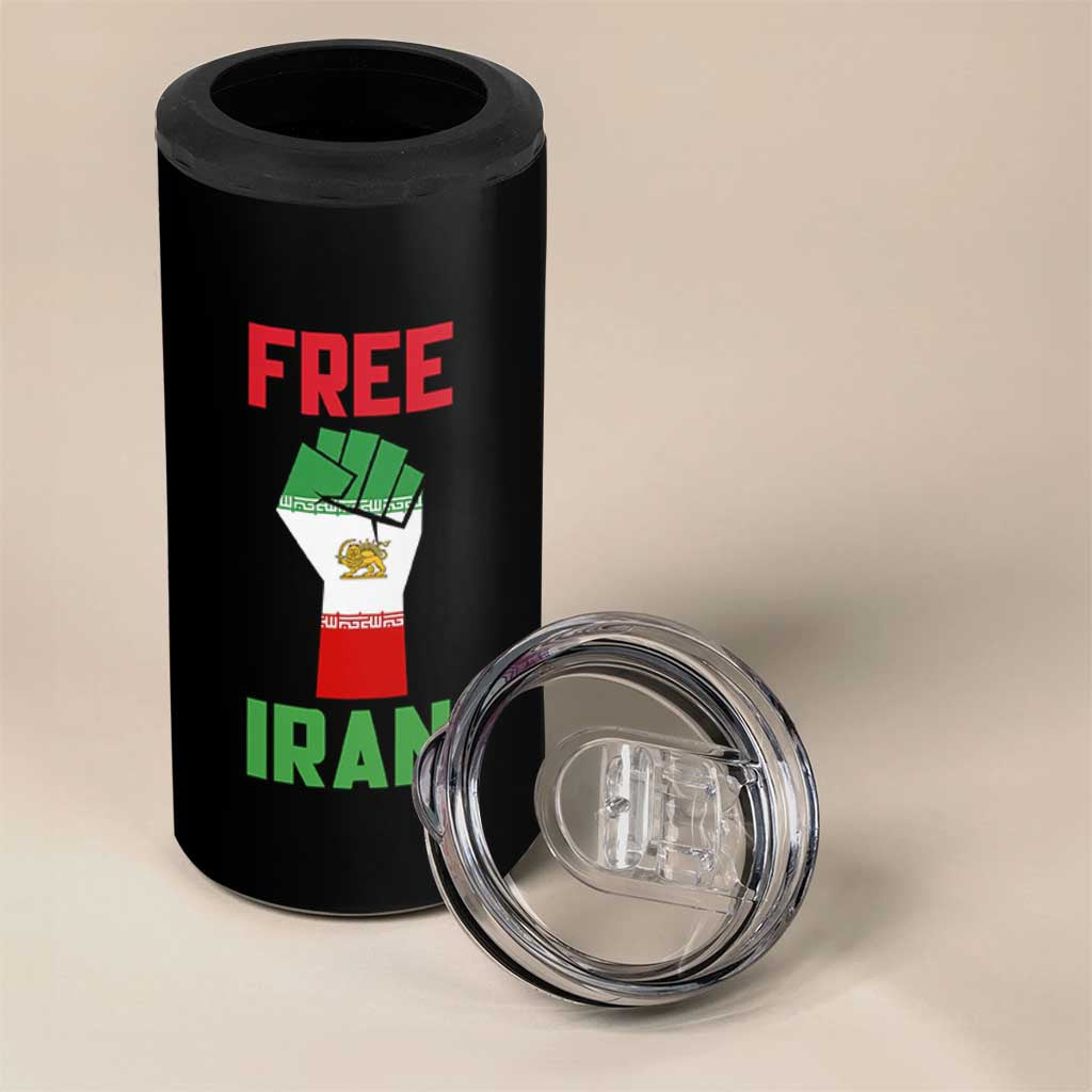 Free Iran Raised Fist 4 in 1 Can Cooler Tumbler Persian Flag Lion and Sun Emblem Iranian Revolution