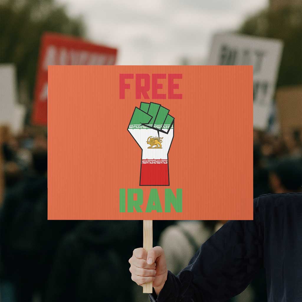Free Iran Raised Fist Protest Sign Persian Flag Lion and Sun Emblem Iranian Revolution