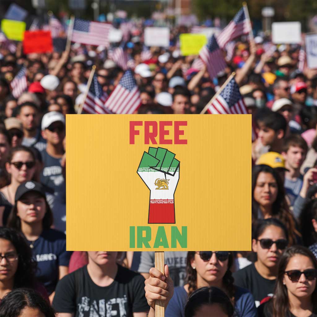Free Iran Raised Fist Protest Sign Persian Flag Lion and Sun Emblem Iranian Revolution
