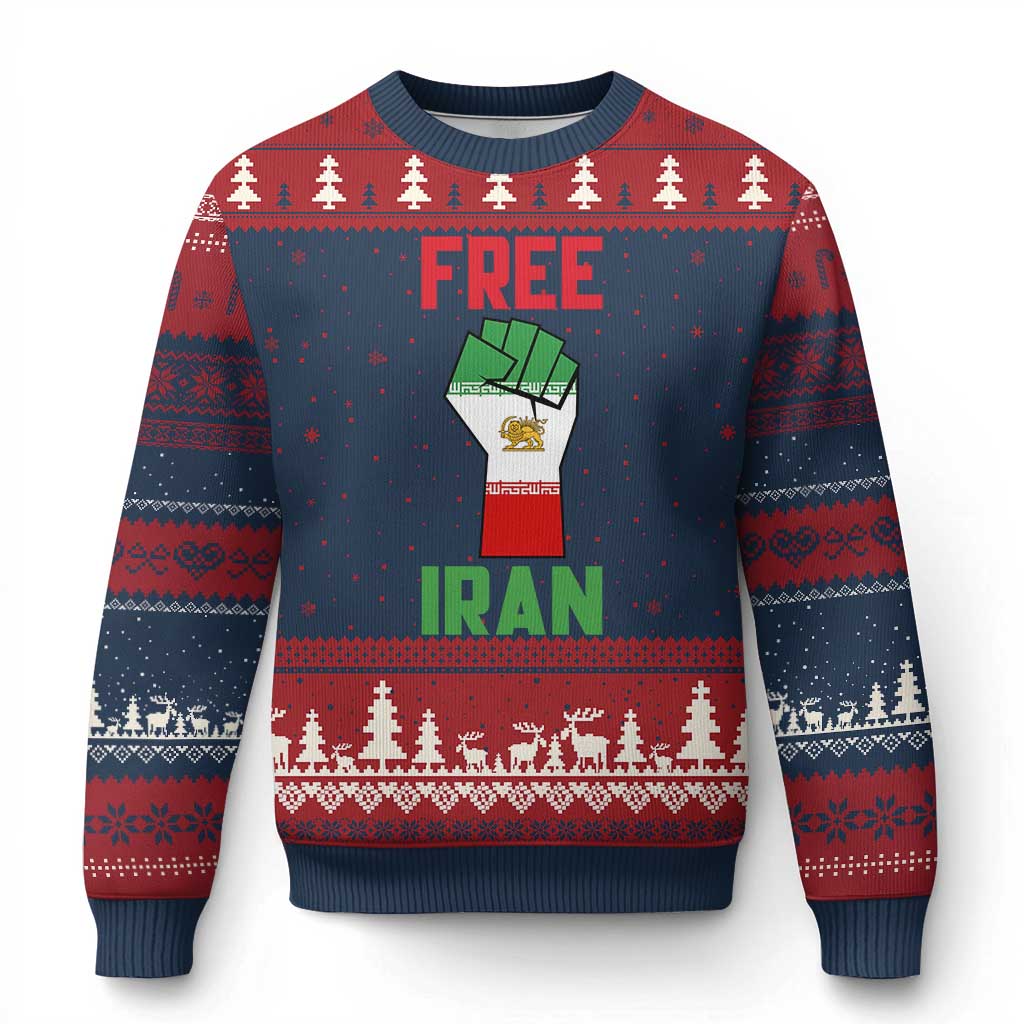 Free Iran Raised Fist Ugly Christmas Sweater Persian Flag Lion and Sun Emblem Iranian Revolution