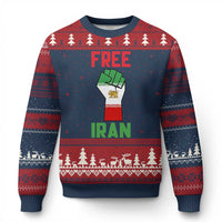 Free Iran Raised Fist Ugly Christmas Sweater Persian Flag Lion and Sun Emblem Iranian Revolution