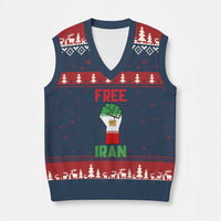 Free Iran Raised Fist V-Neck Knit Sweater Vest Persian Flag Lion and Sun Emblem Iranian Revolution