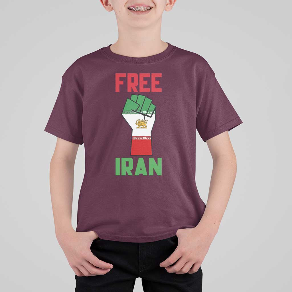 Free Iran Raised Fist T Shirt For Kid Persian Flag Lion and Sun Emblem Iranian Revolution