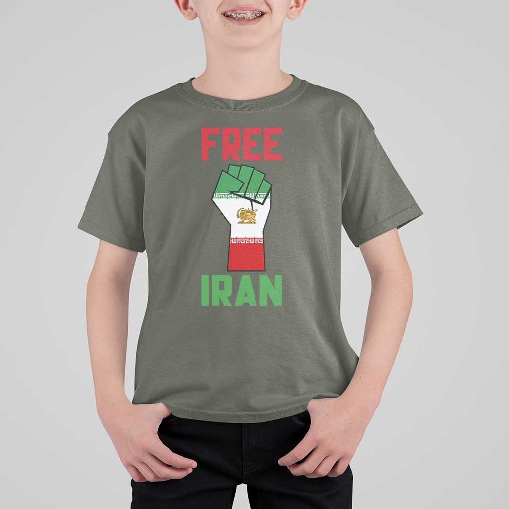 Free Iran Raised Fist T Shirt For Kid Persian Flag Lion and Sun Emblem Iranian Revolution