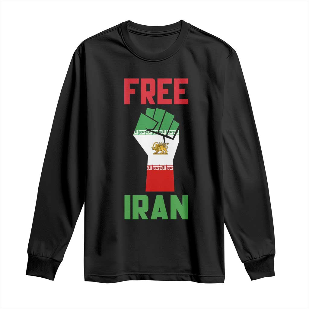 Free Iran Raised Fist Long Sleeve Shirt Persian Flag Lion and Sun Emblem Iranian Revolution