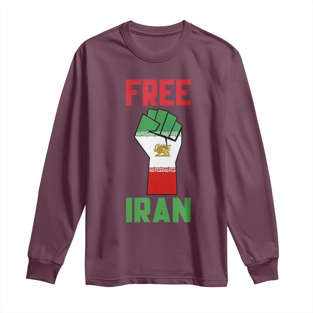Free Iran Raised Fist Long Sleeve Shirt Persian Flag Lion and Sun Emblem Iranian Revolution
