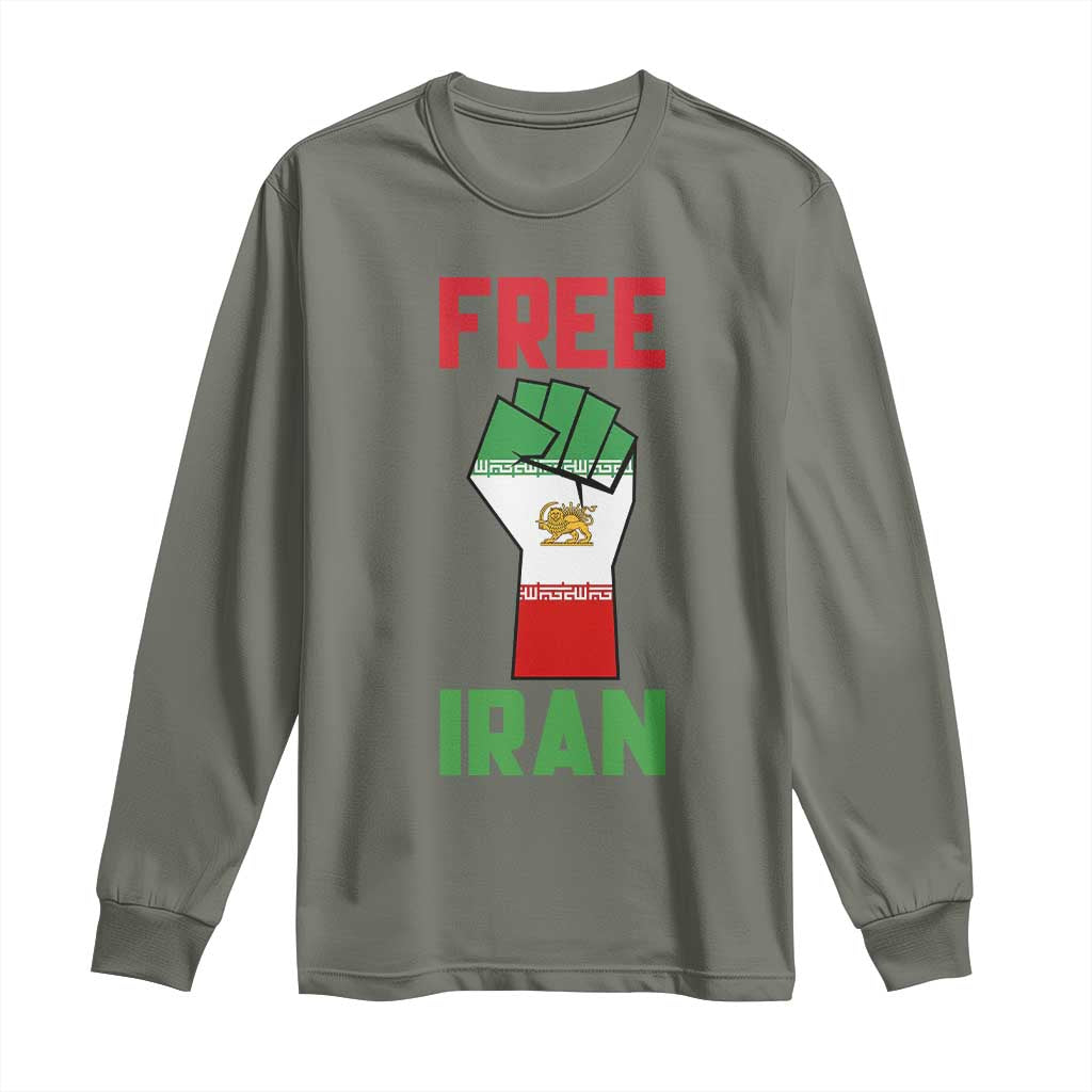 Free Iran Raised Fist Long Sleeve Shirt Persian Flag Lion and Sun Emblem Iranian Revolution