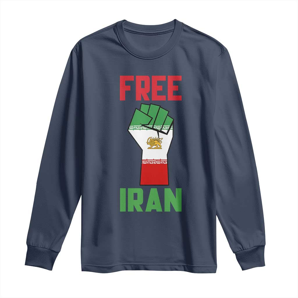 Free Iran Raised Fist Long Sleeve Shirt Persian Flag Lion and Sun Emblem Iranian Revolution