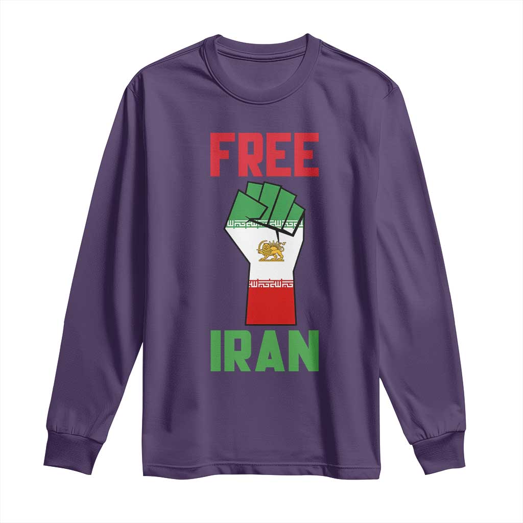Free Iran Raised Fist Long Sleeve Shirt Persian Flag Lion and Sun Emblem Iranian Revolution