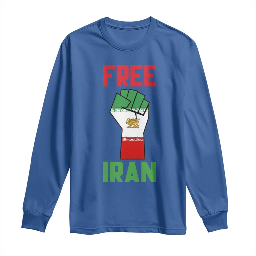 Free Iran Raised Fist Long Sleeve Shirt Persian Flag Lion and Sun Emblem Iranian Revolution