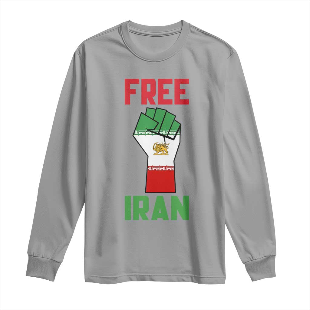 Free Iran Raised Fist Long Sleeve Shirt Persian Flag Lion and Sun Emblem Iranian Revolution