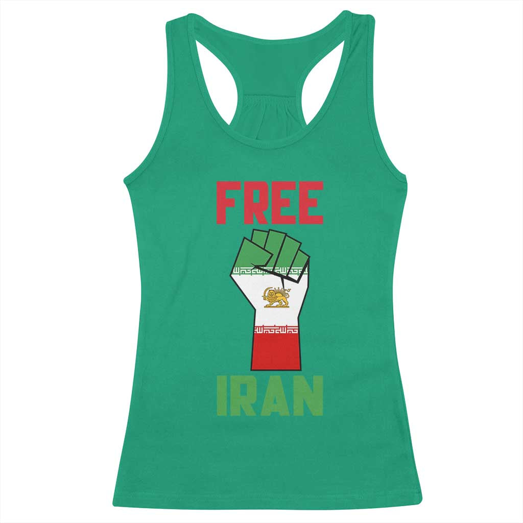 Free Iran Raised Fist Racerback Tank Top Persian Flag Lion and Sun Emblem Iranian Revolution