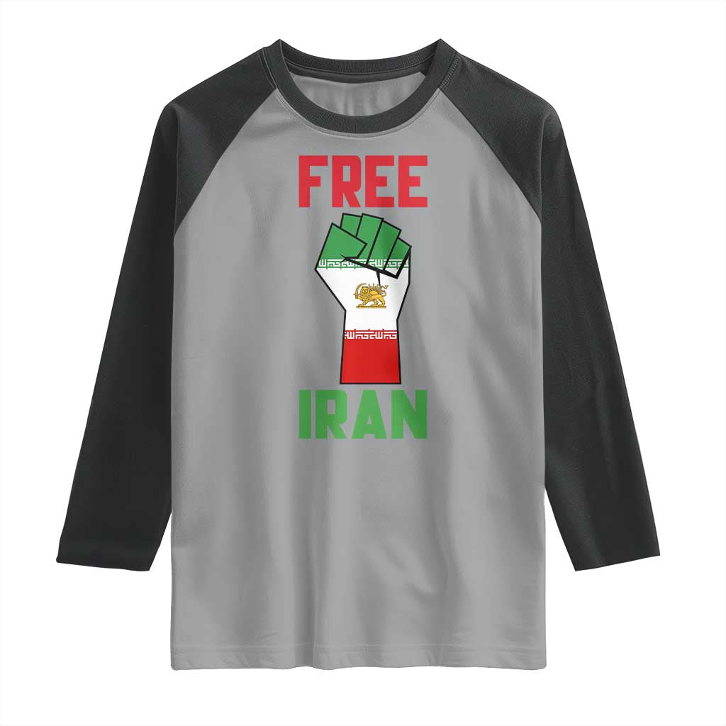 Free Iran Raised Fist Raglan Shirt Persian Flag Lion and Sun Emblem Iranian Revolution