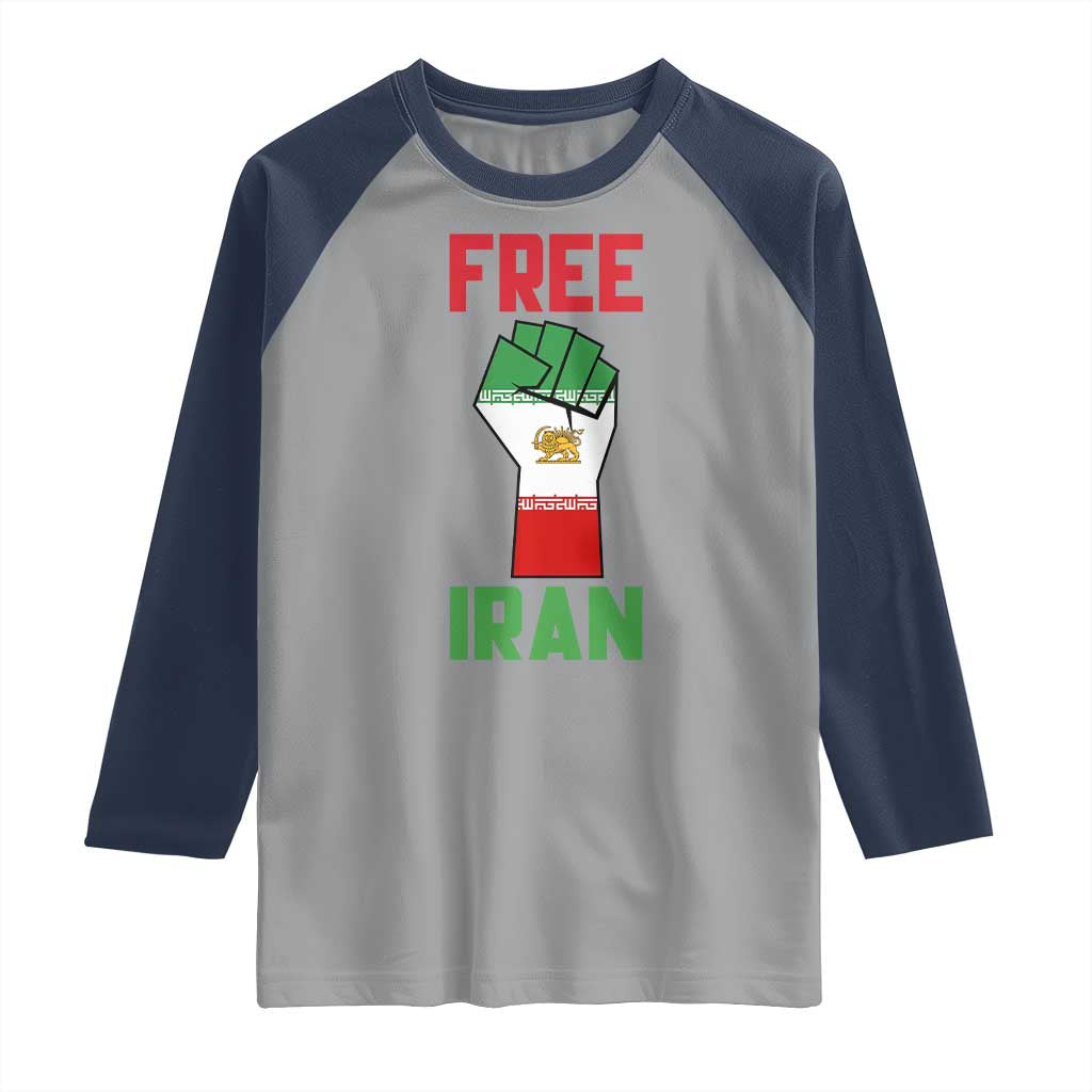 Free Iran Raised Fist Raglan Shirt Persian Flag Lion and Sun Emblem Iranian Revolution