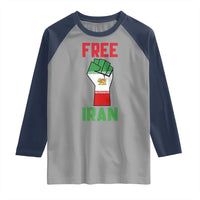 Free Iran Raised Fist Raglan Shirt Persian Flag Lion and Sun Emblem Iranian Revolution