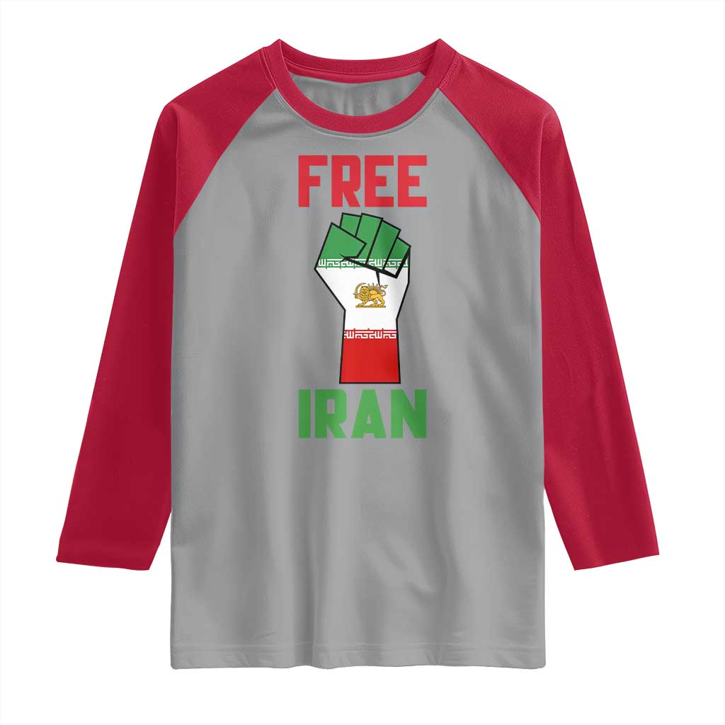 Free Iran Raised Fist Raglan Shirt Persian Flag Lion and Sun Emblem Iranian Revolution
