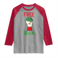 Free Iran Raised Fist Raglan Shirt Persian Flag Lion and Sun Emblem Iranian Revolution