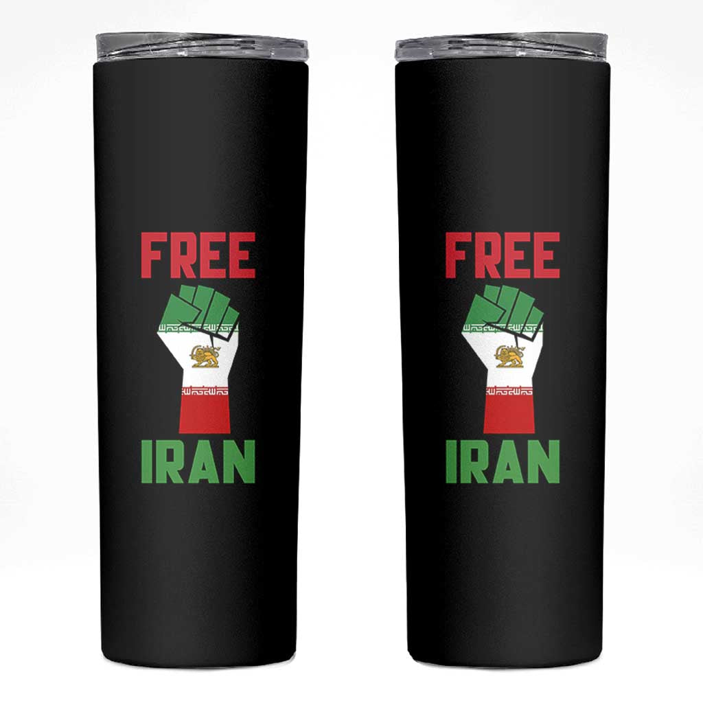 Free Iran Raised Fist Skinny Tumbler Persian Flag Lion and Sun Emblem Iranian Revolution
