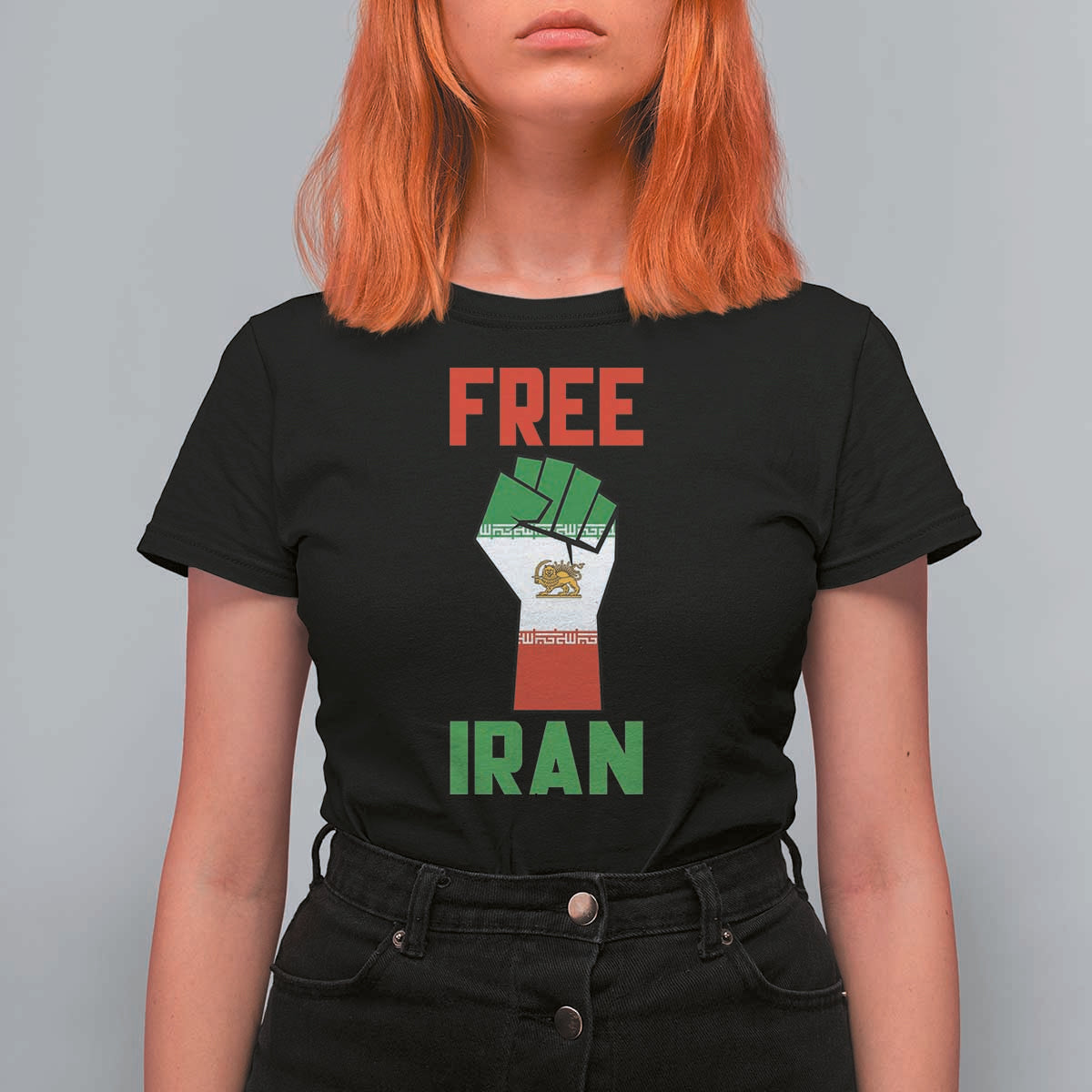 Free Iran Raised Fist T Shirt For Women Persian Flag Lion and Sun Emblem Iranian Revolution