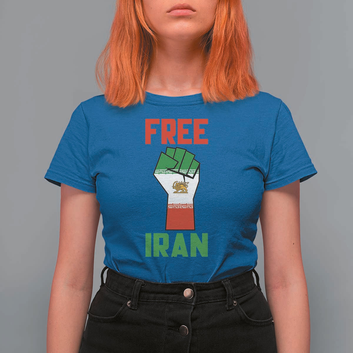 Free Iran Raised Fist T Shirt For Women Persian Flag Lion and Sun Emblem Iranian Revolution