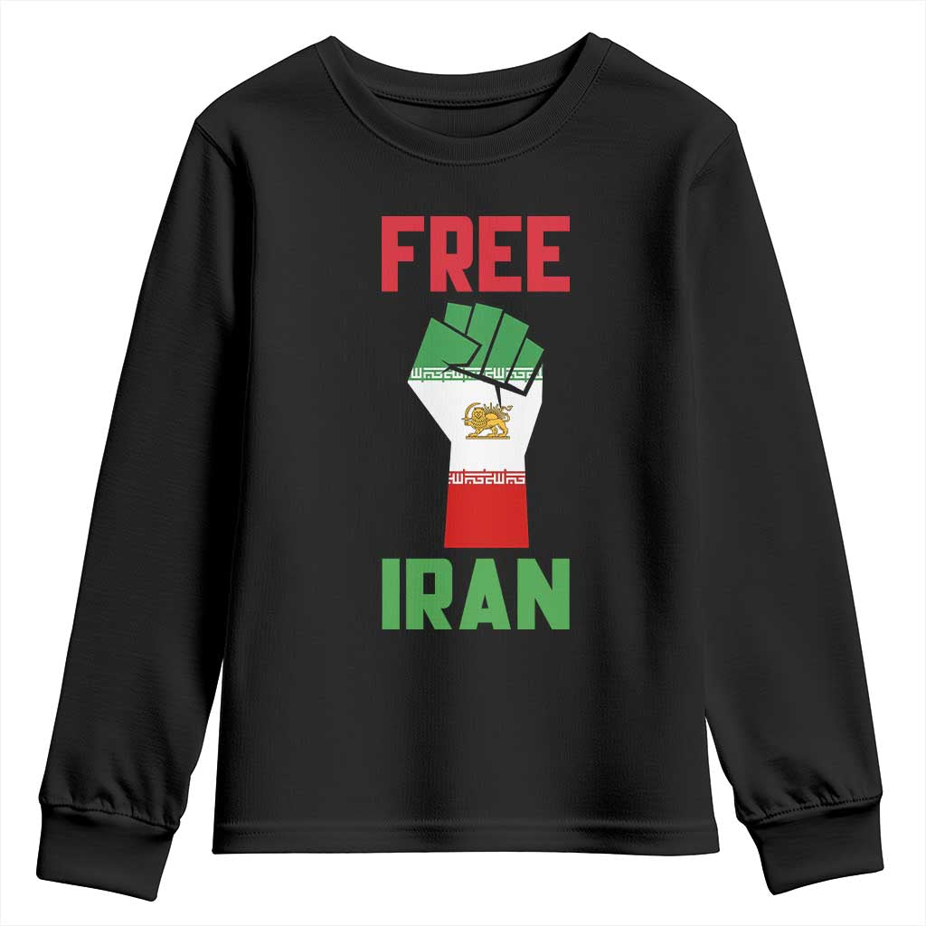 Free Iran Raised Fist Youth Sweatshirt Persian Flag Lion and Sun Emblem Iranian Revolution