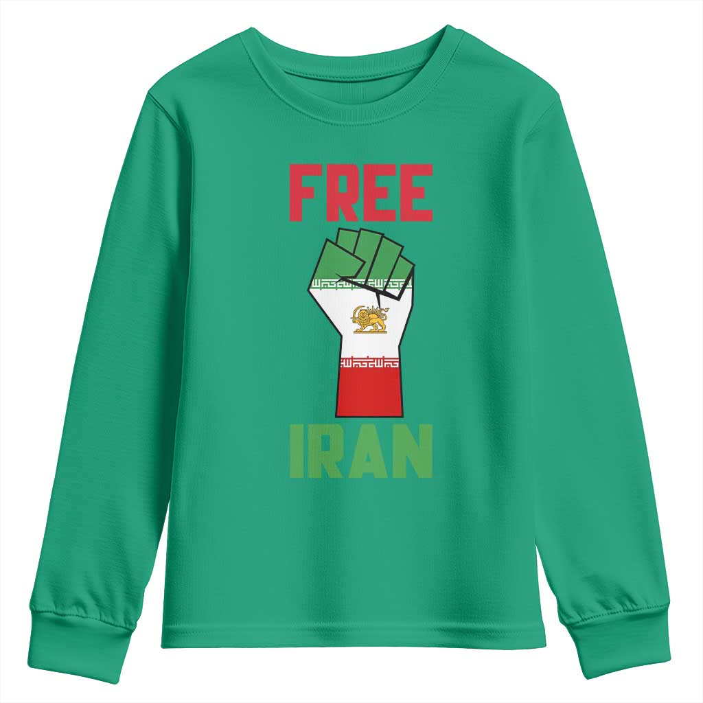 Free Iran Raised Fist Youth Sweatshirt Persian Flag Lion and Sun Emblem Iranian Revolution