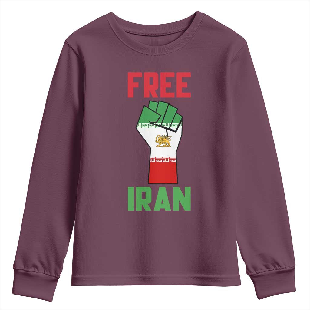 Free Iran Raised Fist Youth Sweatshirt Persian Flag Lion and Sun Emblem Iranian Revolution