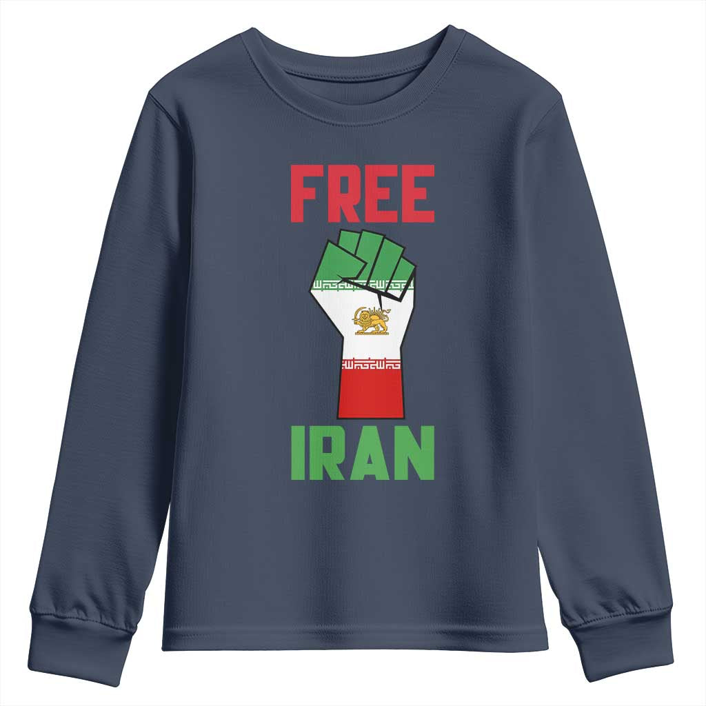 Free Iran Raised Fist Youth Sweatshirt Persian Flag Lion and Sun Emblem Iranian Revolution