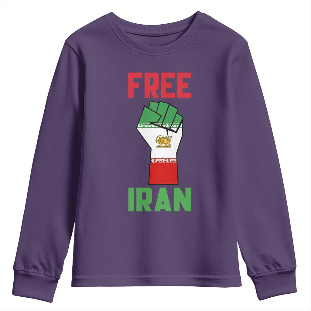 Free Iran Raised Fist Youth Sweatshirt Persian Flag Lion and Sun Emblem Iranian Revolution