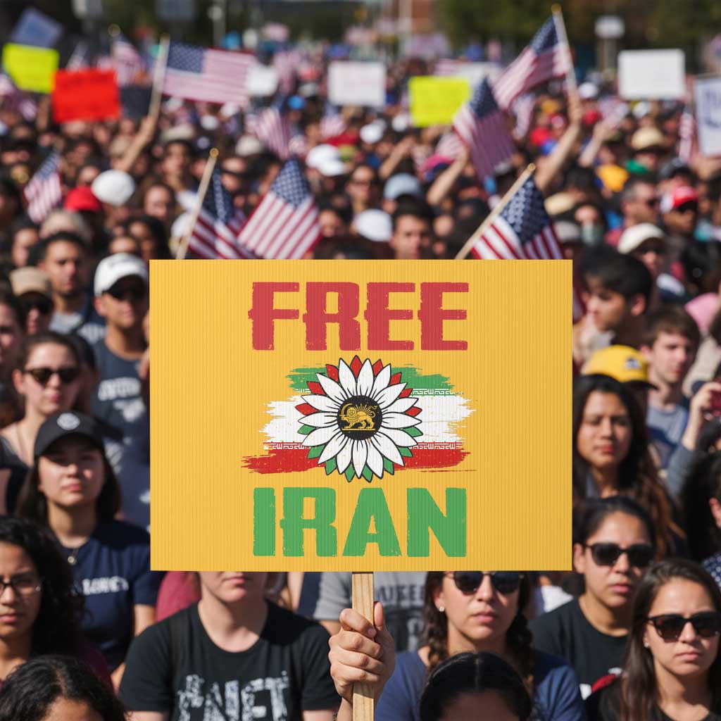 Free Iran Sunflower Protest Sign Persian Flag Lion and Su Iranian Revolution Freedom Supporters