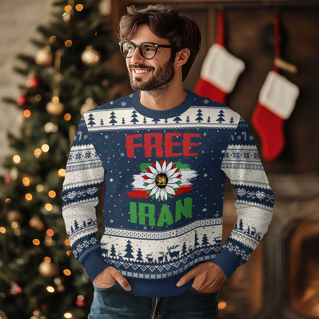 Free Iran Sunflower Ugly Christmas Sweater Persian Flag Lion and Su Iranian Revolution Freedom Supporters