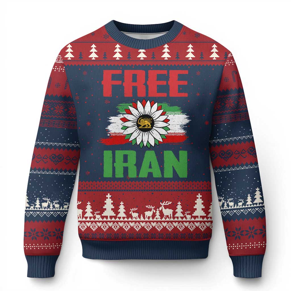 Free Iran Sunflower Ugly Christmas Sweater Persian Flag Lion and Su Iranian Revolution Freedom Supporters