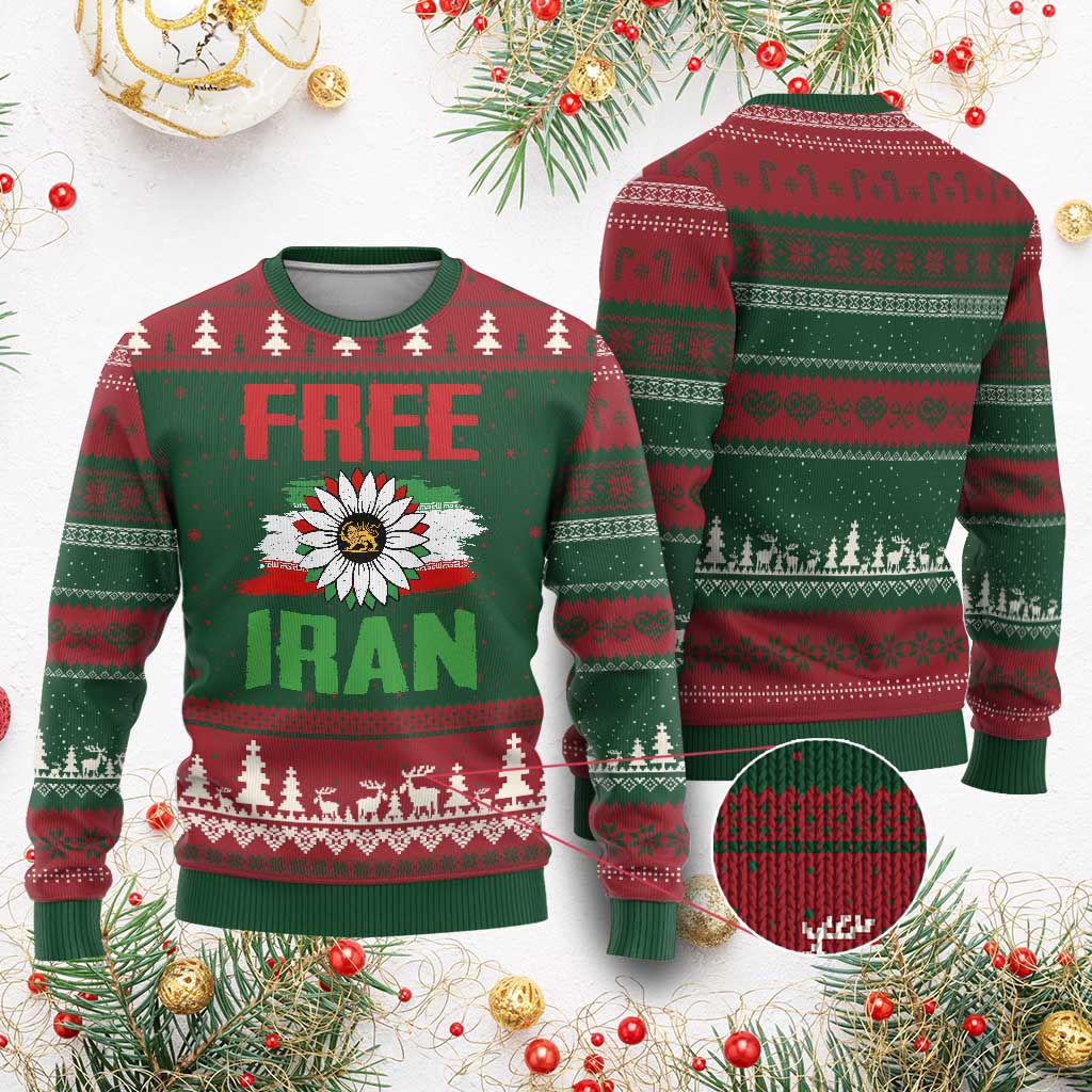 Free Iran Sunflower Ugly Christmas Sweater Persian Flag Lion and Su Iranian Revolution Freedom Supporters