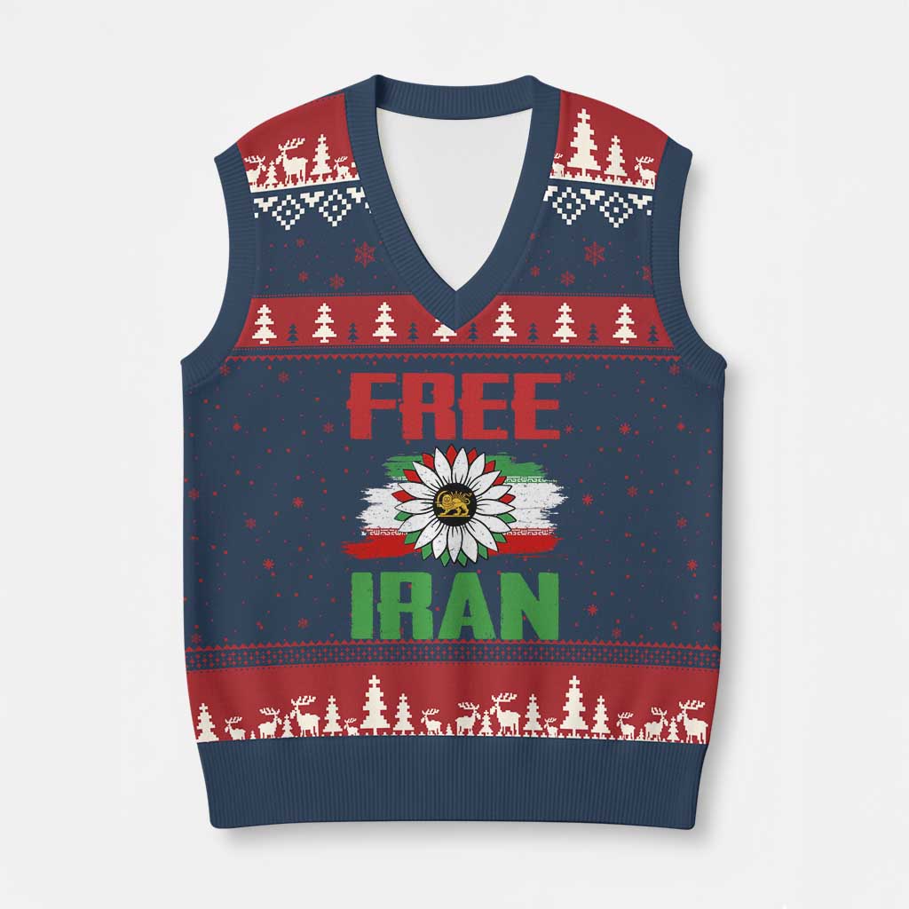 Free Iran Sunflower V-Neck Knit Sweater Vest Persian Flag Lion and Su Iranian Revolution Freedom Supporters